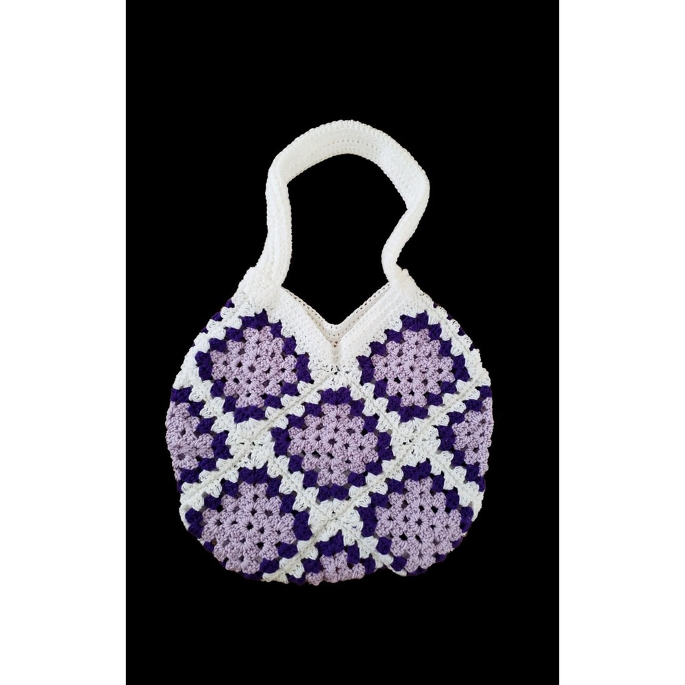 Crochet Hand-made Purple White Satchel Market Shopping Bag Large